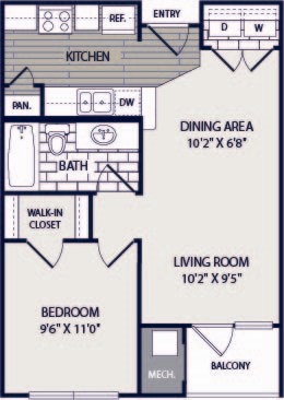 Floor plan for 1 bed, 1 bath, 557 sqft